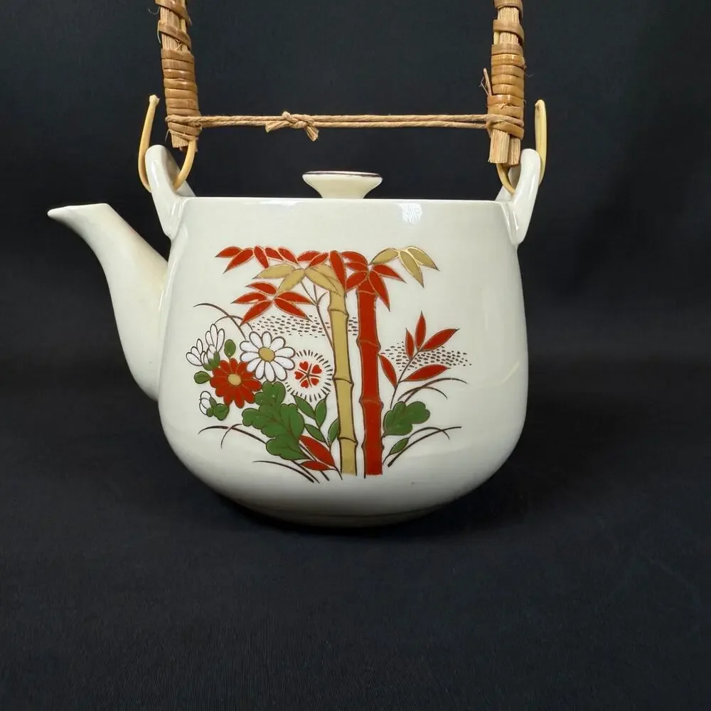 Edsin Bamboo Flowers White Ceramic Teapot with Wicker Handle Made in Japan